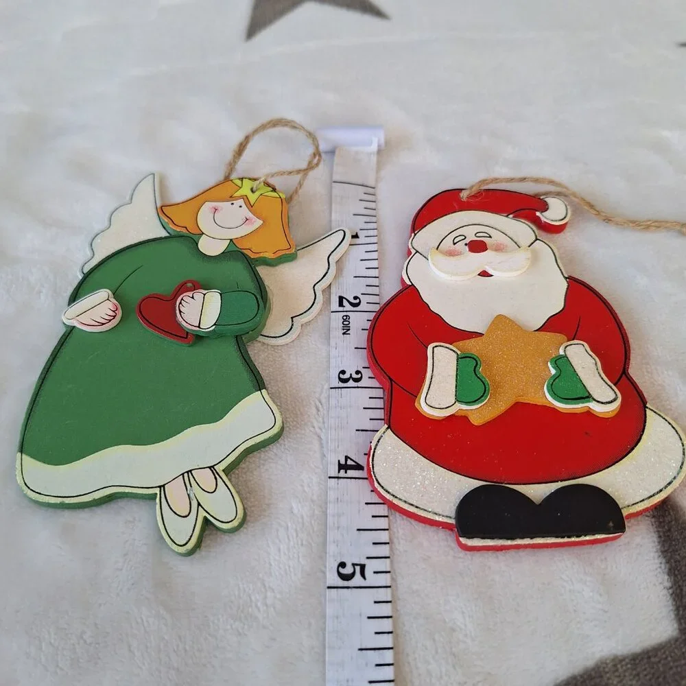Vintage‎ Flat Wooden Hand Painted Christmas Ornaments Lot of 6 Mixed Makers